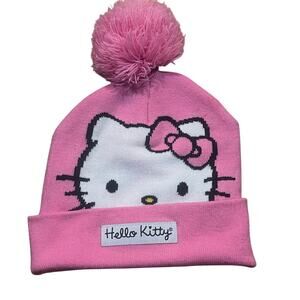Hello Kitty Girls Pink Knit Beanie Pom Pom Hat Sanrio Y2K Cute Kawaii Winter